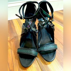 L.A.M.B. Black Heels with teal accents & iridescent ankle straps. Size 8